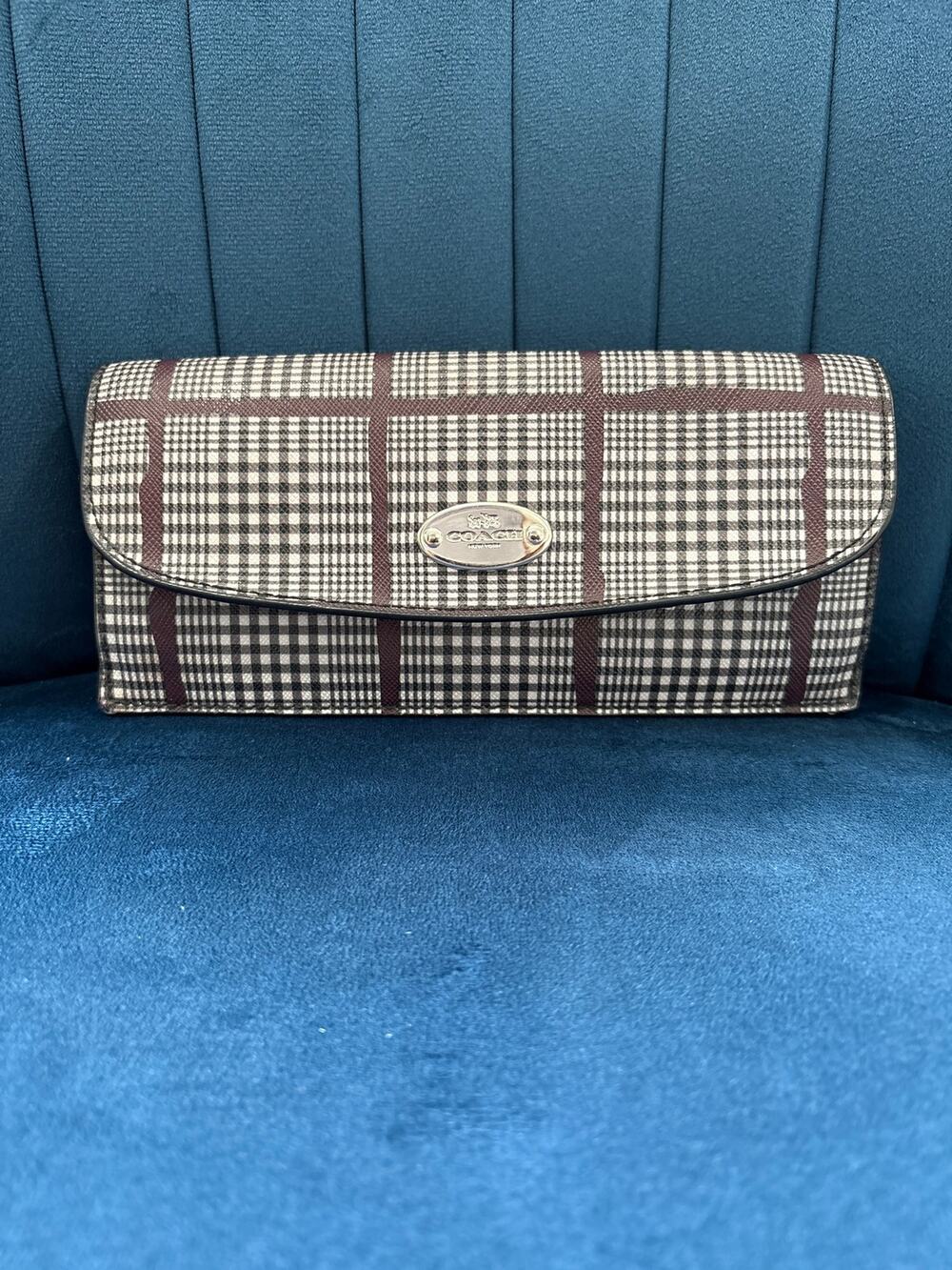 Coach Plaid Leather Snap Closure Wallet Black White and Plum Colors